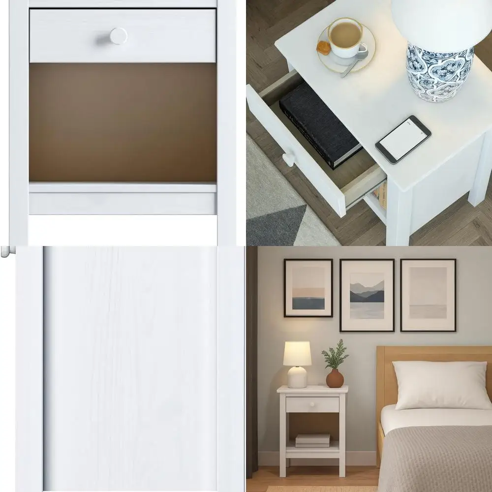 

White Wooden Nightstand with Storage Drawer - Compact Bedroom Side Table and Organizer