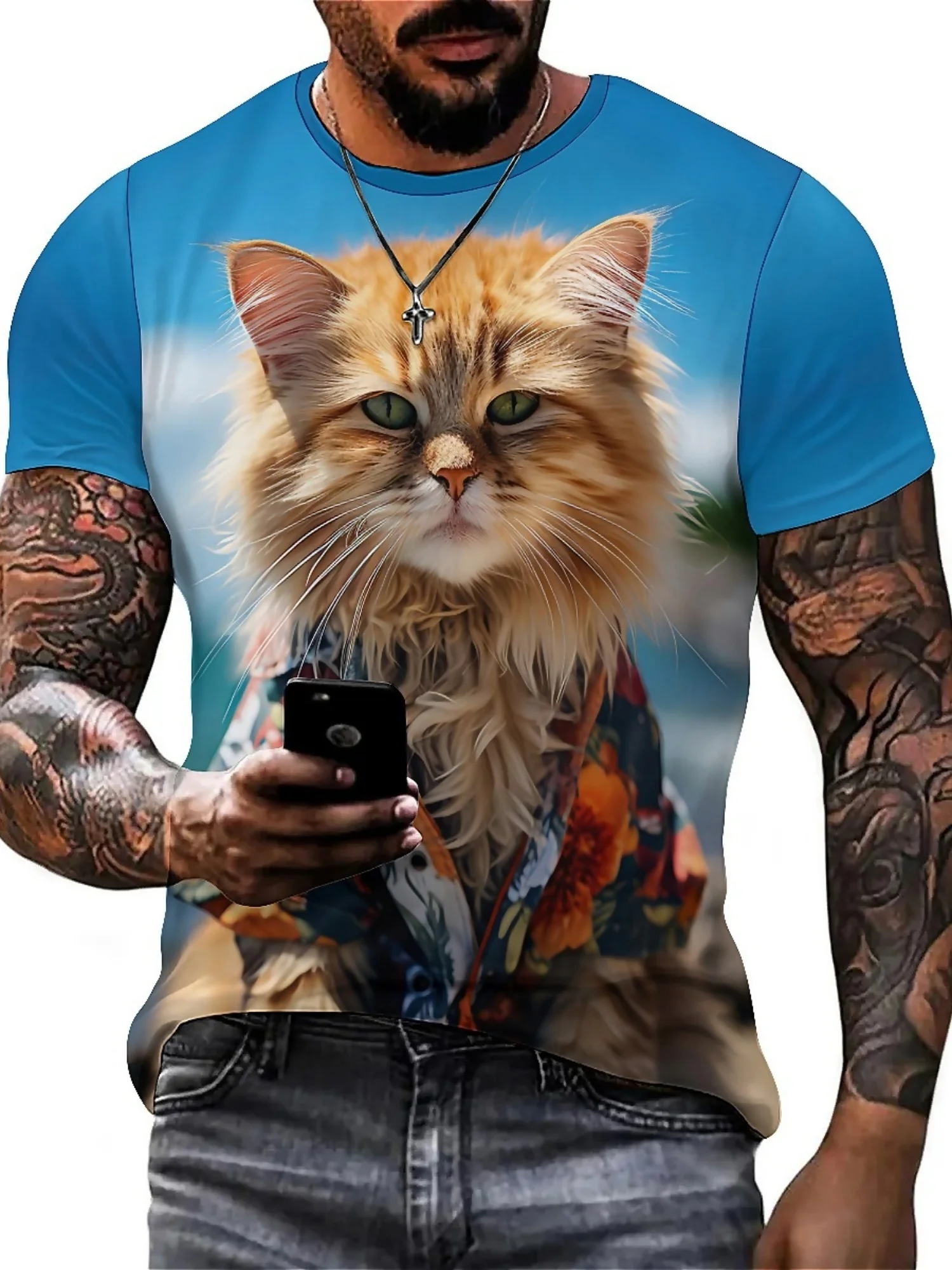 Men's & Women's 3D Printed Cat Art Short Sleeve T-Shirt - Soft Polyester Fabric, Vibrant Geometric Patterns