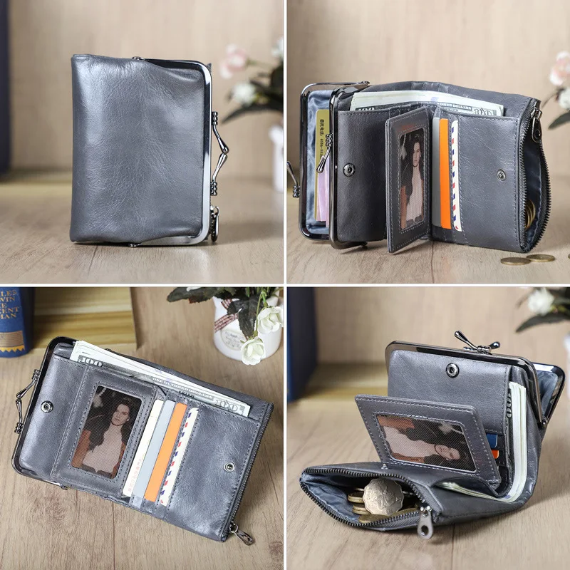 HTS-C2208A Head Layer Cowhide RFID Anti Magnetic Women's Wallet Casual Iron Hinge Multifunctional Short Leather Wallet