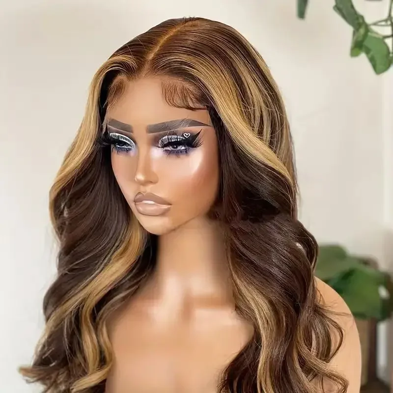 Highlight  Body Wave Lace Front Wig,  Transparent Lace Human Hair Wig, Brown with Honey Blonde Highlights for Women