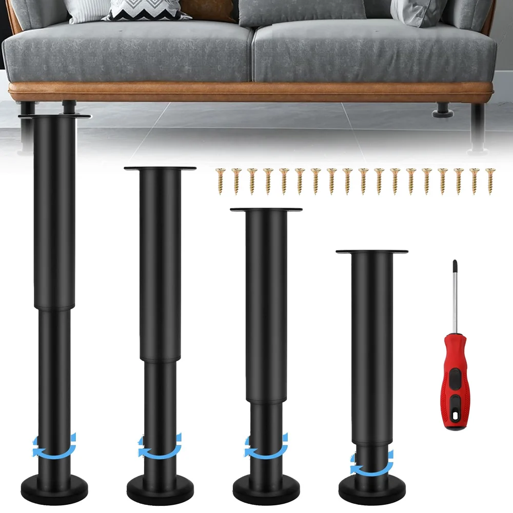Set da 4 gambe regolabili per mobili, gambe di ricambio nere e robuste, complete di viti, per riparare telai di letti, divani, sedie, tavoli e armadi che si sono afflosciati.