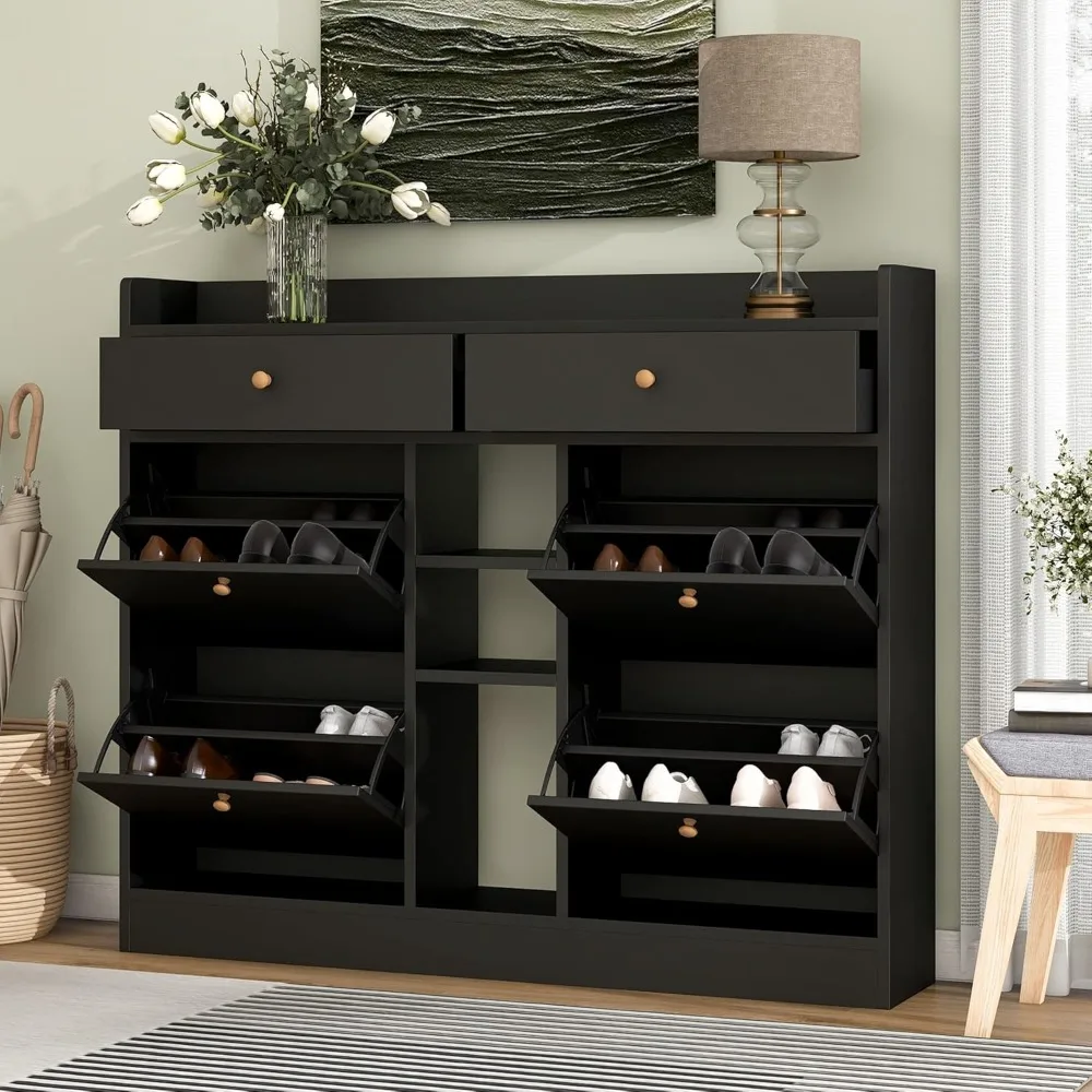 Multifunctional 2-Tier Storage Cabinet, Modern Free Standing Shoe Rack with 4 Flip Drawers for Entrance Hallway