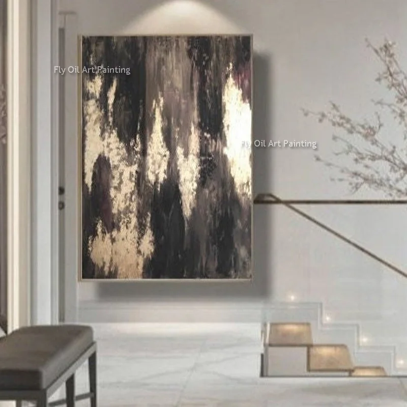 Large Size Abstract Black And Gold Abstract Oil Painting Handmade Thick Texture Abstract Canvas Wall Art Decor For Home Unframed