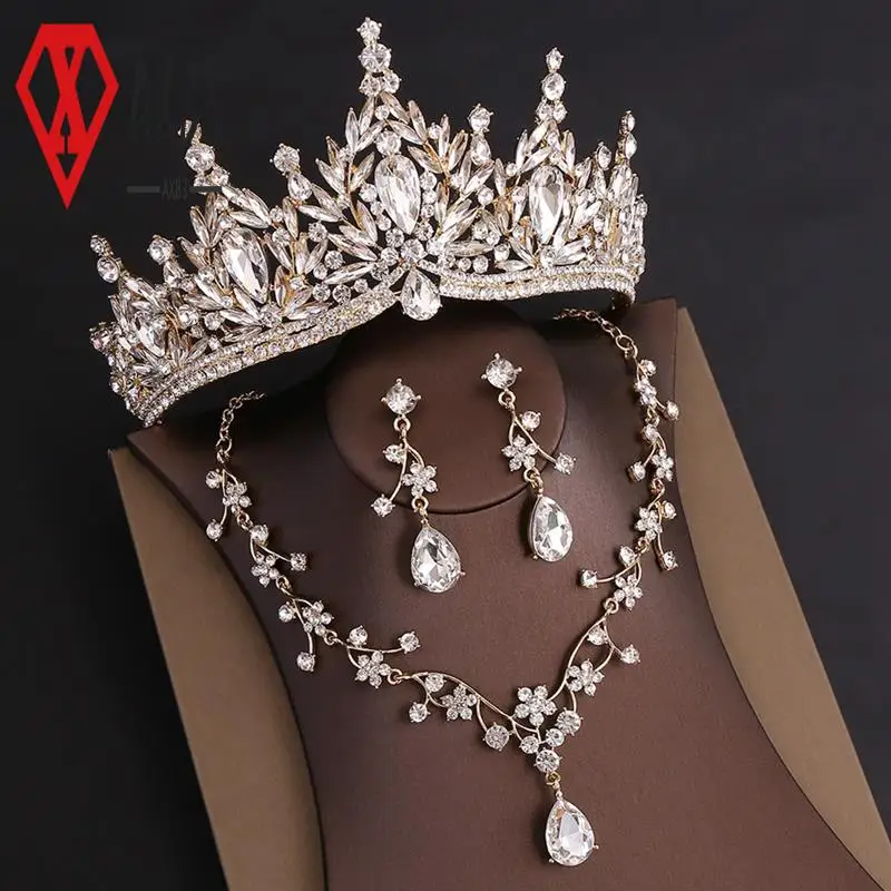 

AX83-Baroque Wedding Crown For Bride 3-Pack Tiara Earrings Jewelry Set Champagne Crystal Birthday Gift
