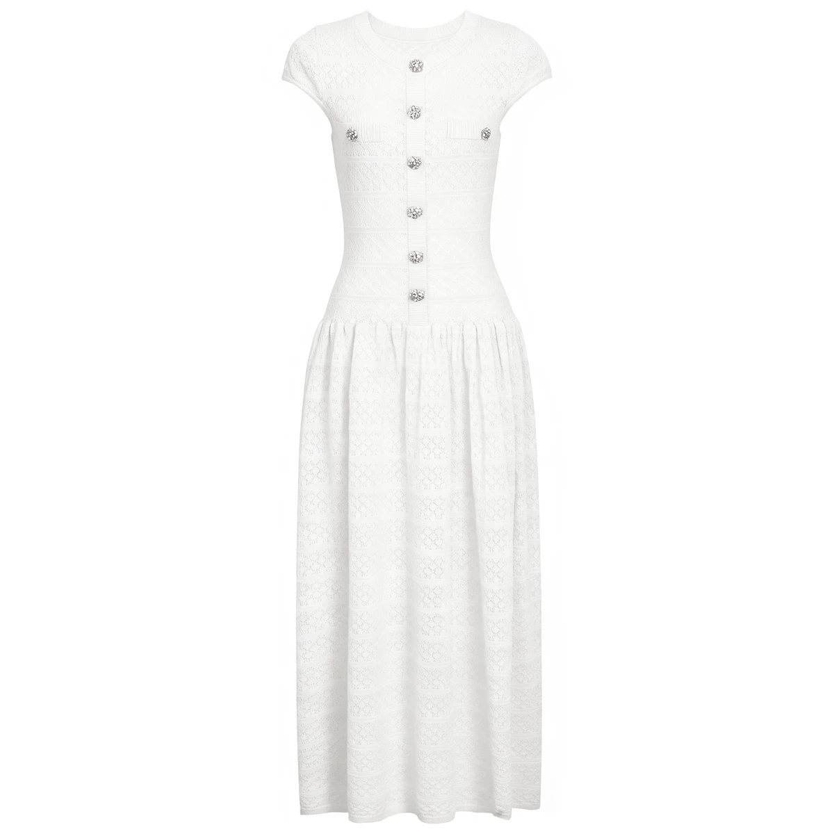 26207 Summer New High Quality Fashion Knitted Round Neck Sleeveless Hollow Diamond Button Women's Casual Long Dress