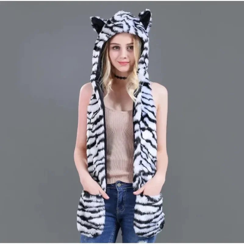 

Women Mens Fashion Hot New Wolf Animal Hoods Cute Animal Faux Fur Hat Cap Sales Warm Animal Fur Hats with Gloves Girl