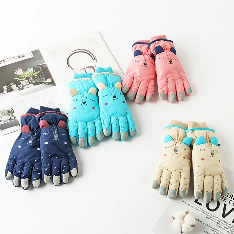 Children Kids Winter Waterproof Snow Gloves Solid Color Cartoon Ears Thermal Insulated Windproof Sport Snowboard Ski Wrist 87HF