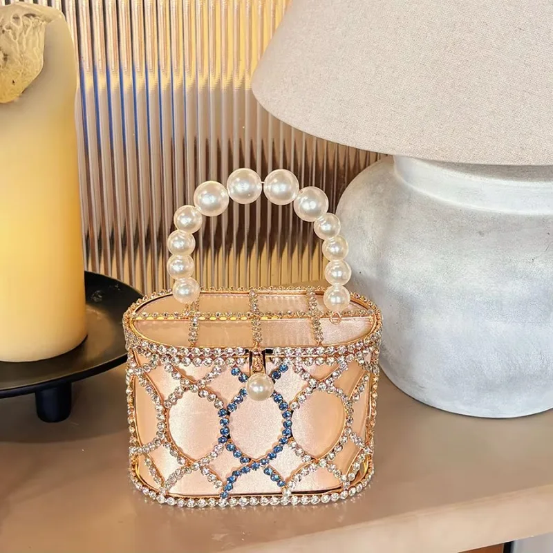 French Pearl Diamond Hand-held Vegetable Basket Bag Metal Mesh Delicate Shine Gentle Noble Banquet Bag