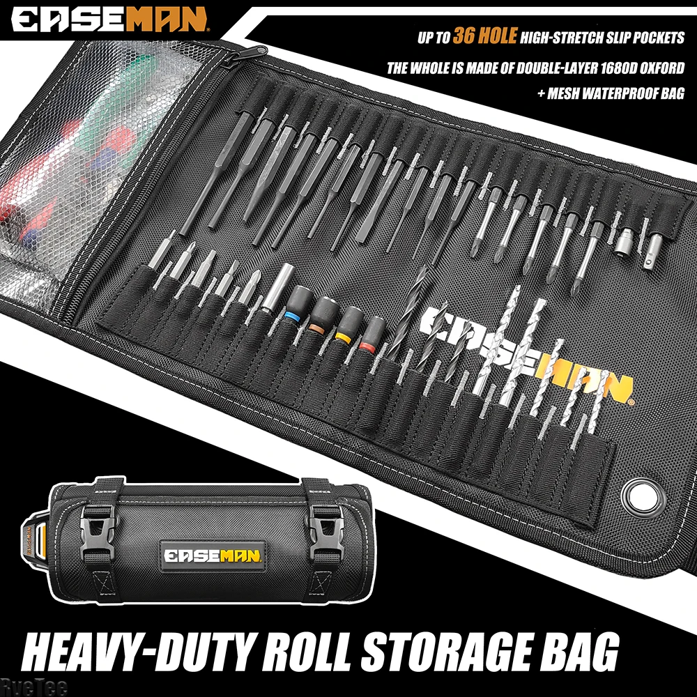 EASEMAN High Quality 1680D Tool Roll Up Bag with Translucent bag for Electrician Tool Drill Bit Screwdriver Bit Man Gift