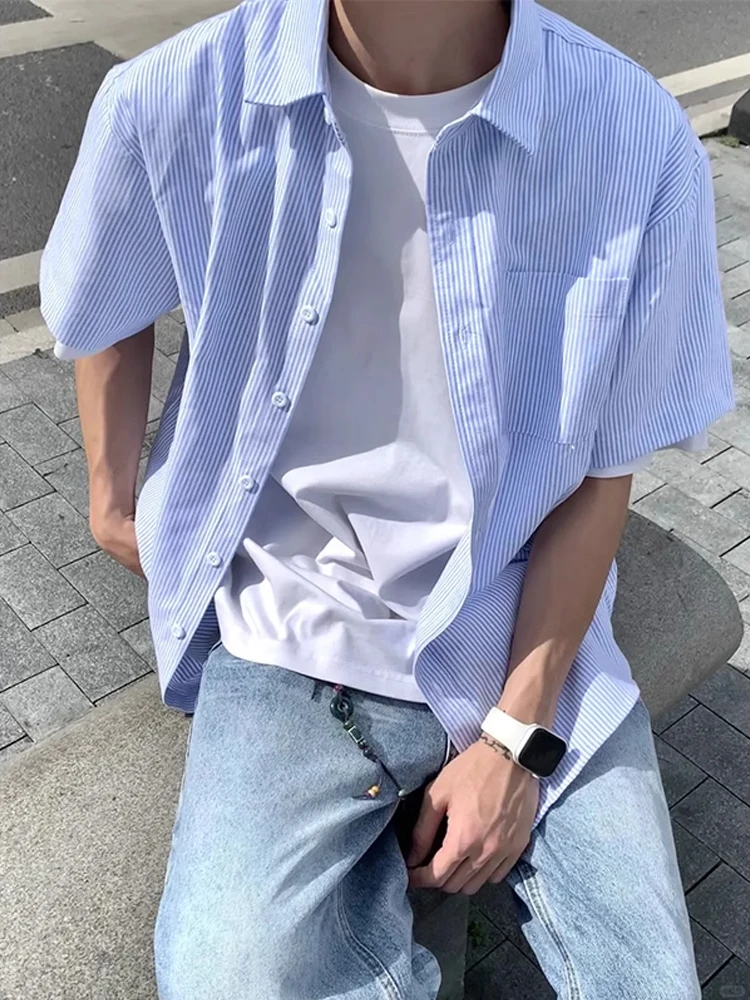 

Loose Fit Striped Shirt Light Blue Short Sleeve Men Summer Casual Shirt Youth Style Clean Cut Loose American Style Shirt