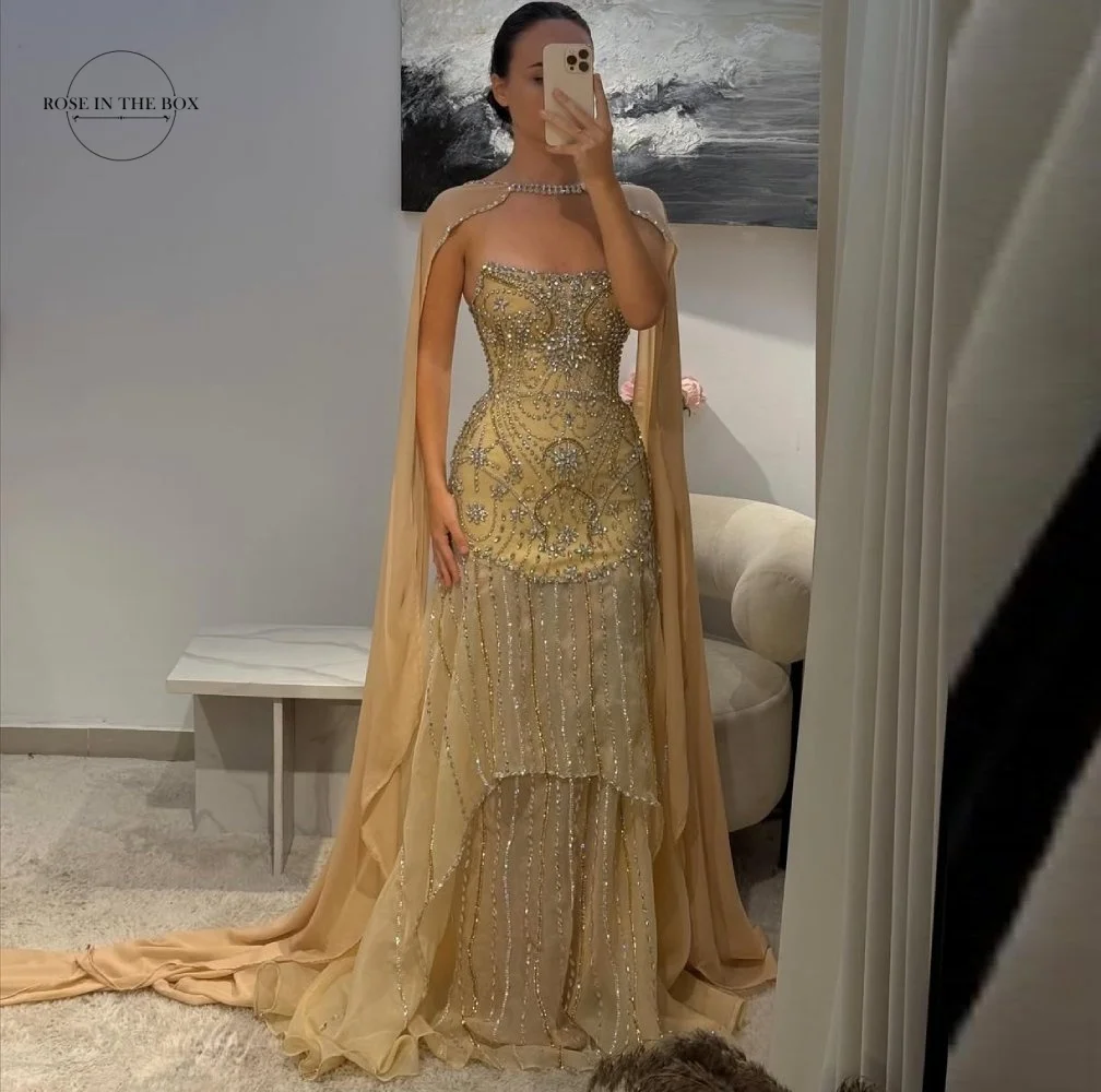

ROSEINTHEBOX Customized Gold Strapless Evening Dresses with Shawl Luxurious Crystal Mermaid فساتين سهرة Formal Dress