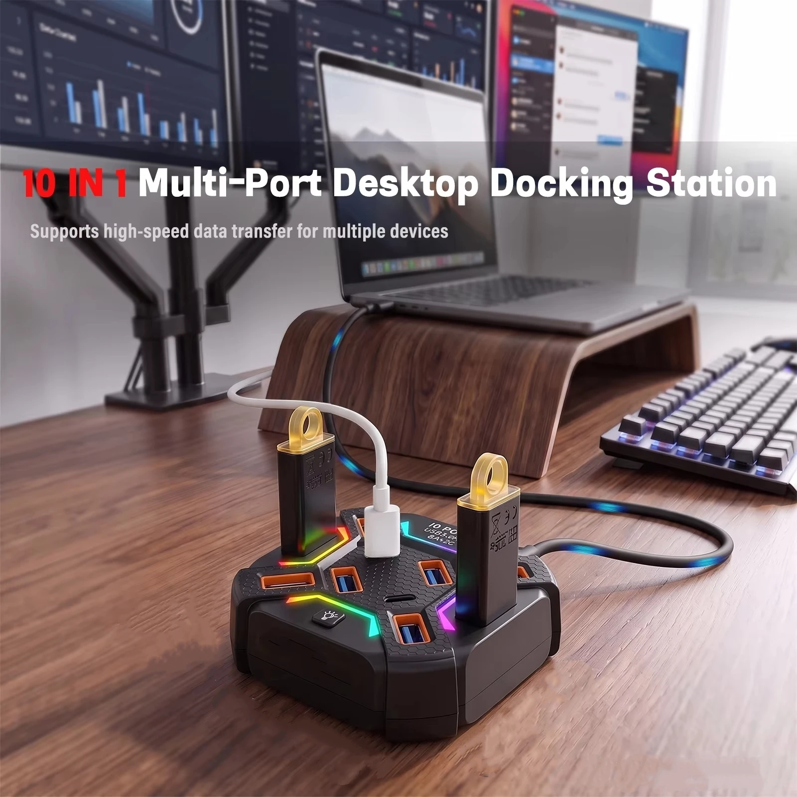 10-in-1 RGB USB-C Hub Docking Station - USB 3.0 Card Reader Portable Type-C Laptop Computer MacBook Phone Extension Station