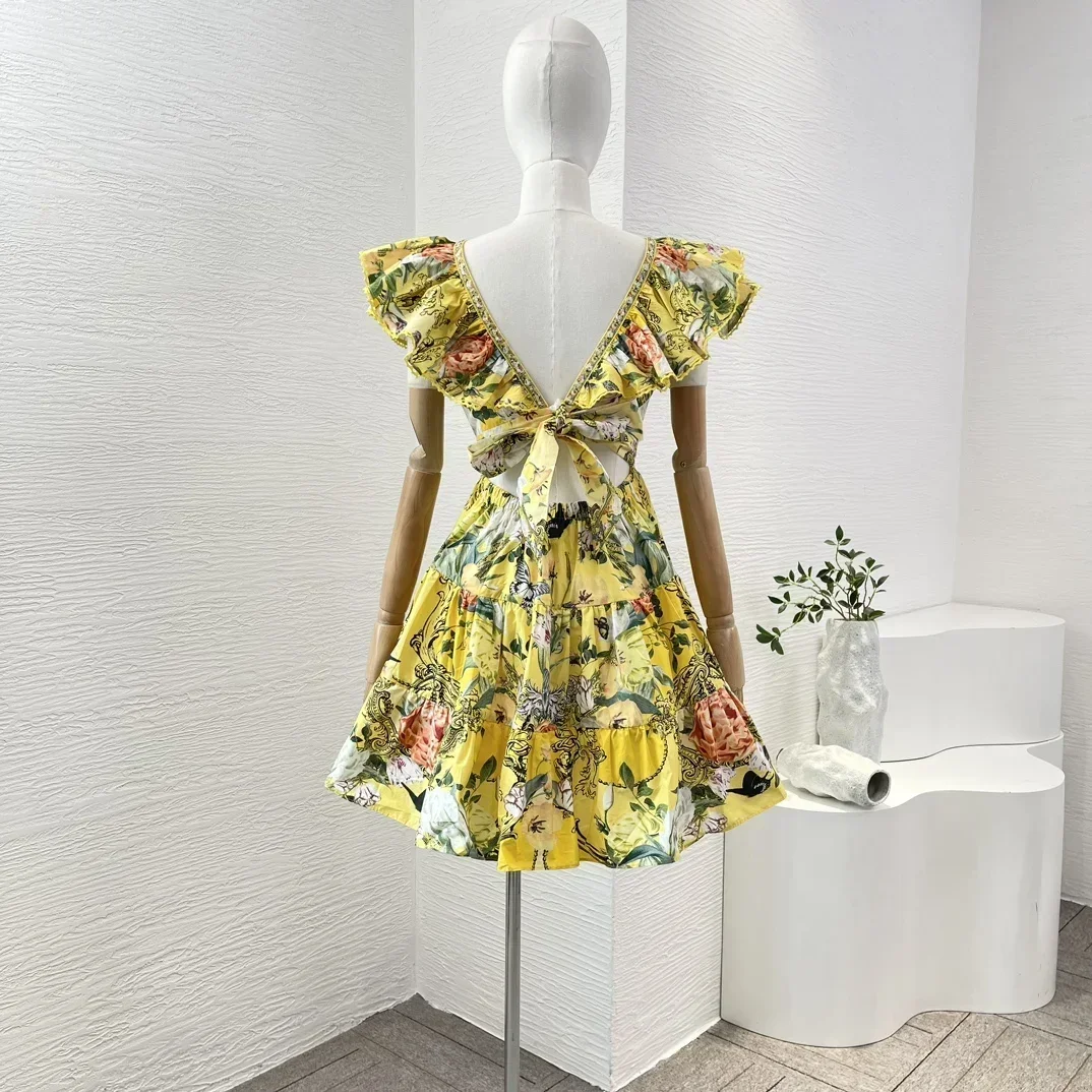 Cotton Ruffles 2024 New Yellow Floral Print Sleevless Diamonds Pressed Cut Out Waist Shirred Frill Lace-up Women Mini Dresses