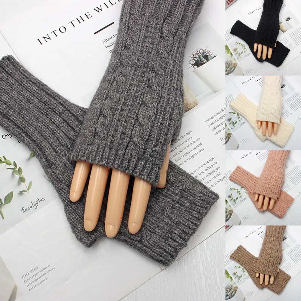 Women Stylish Hand Warmer Winter Gloves Arm Crochet Knitting Faux Wool Mitten Thickened Warm Twist Pattern Fingerless Glove