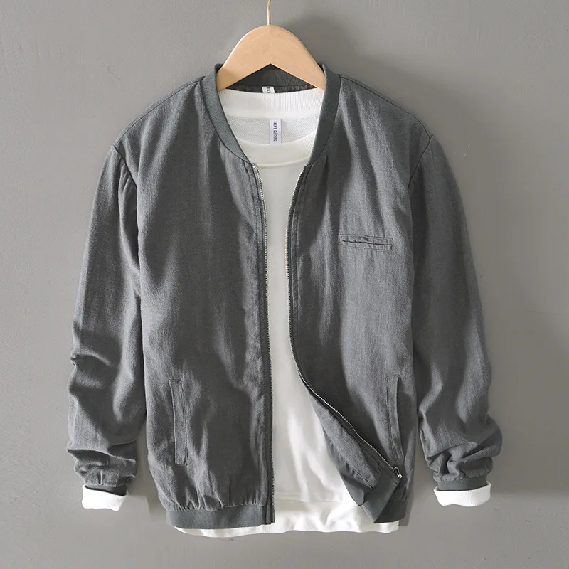 

Spring Fall Fashion Men's Stand Collar Long Sleeve Cotton Linen Coat Japan Style Vintage Simple Casual Baseball Jacket Male