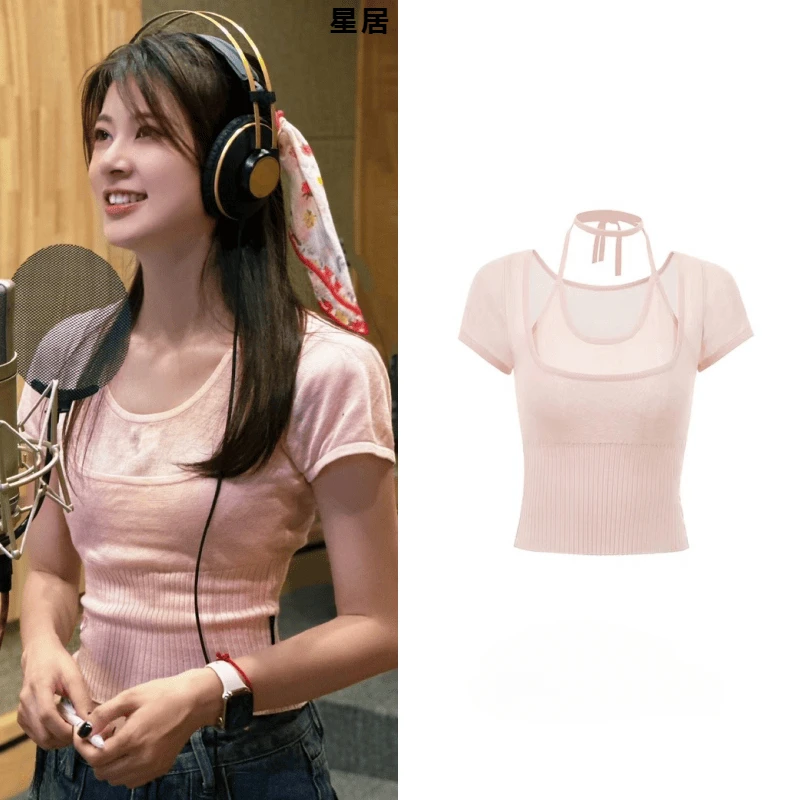 

Women'S Singer Kpop Fake Two Halter Short Sleeved T-shirts Slim Lace-up Crop Tops Jazz Dance Clothing Stage Performance Clubwear