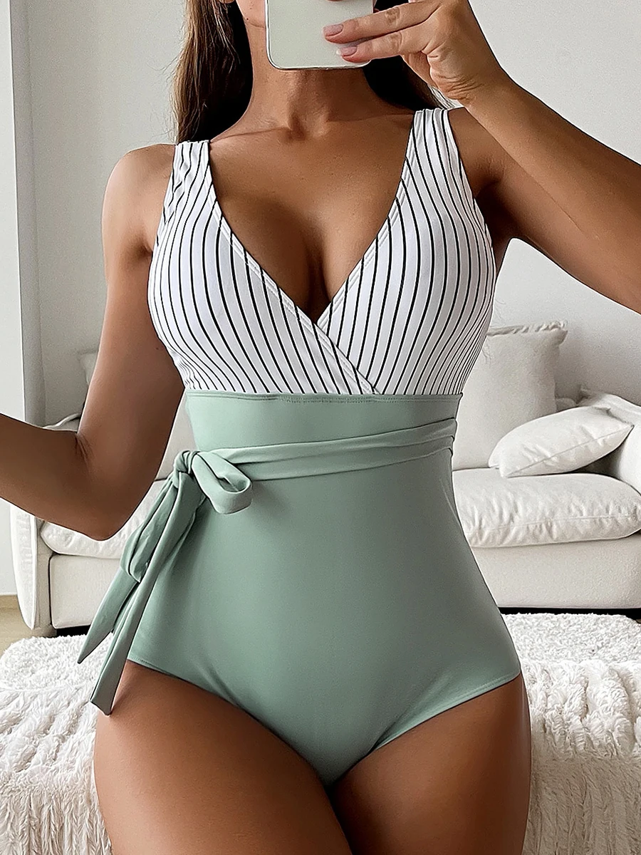 2023 Striped One Piece Swimsuit Knot Side Swimwear Women V-neck Bathers Bathing Swimming Swim Suit Female Beachwear Bodysuit