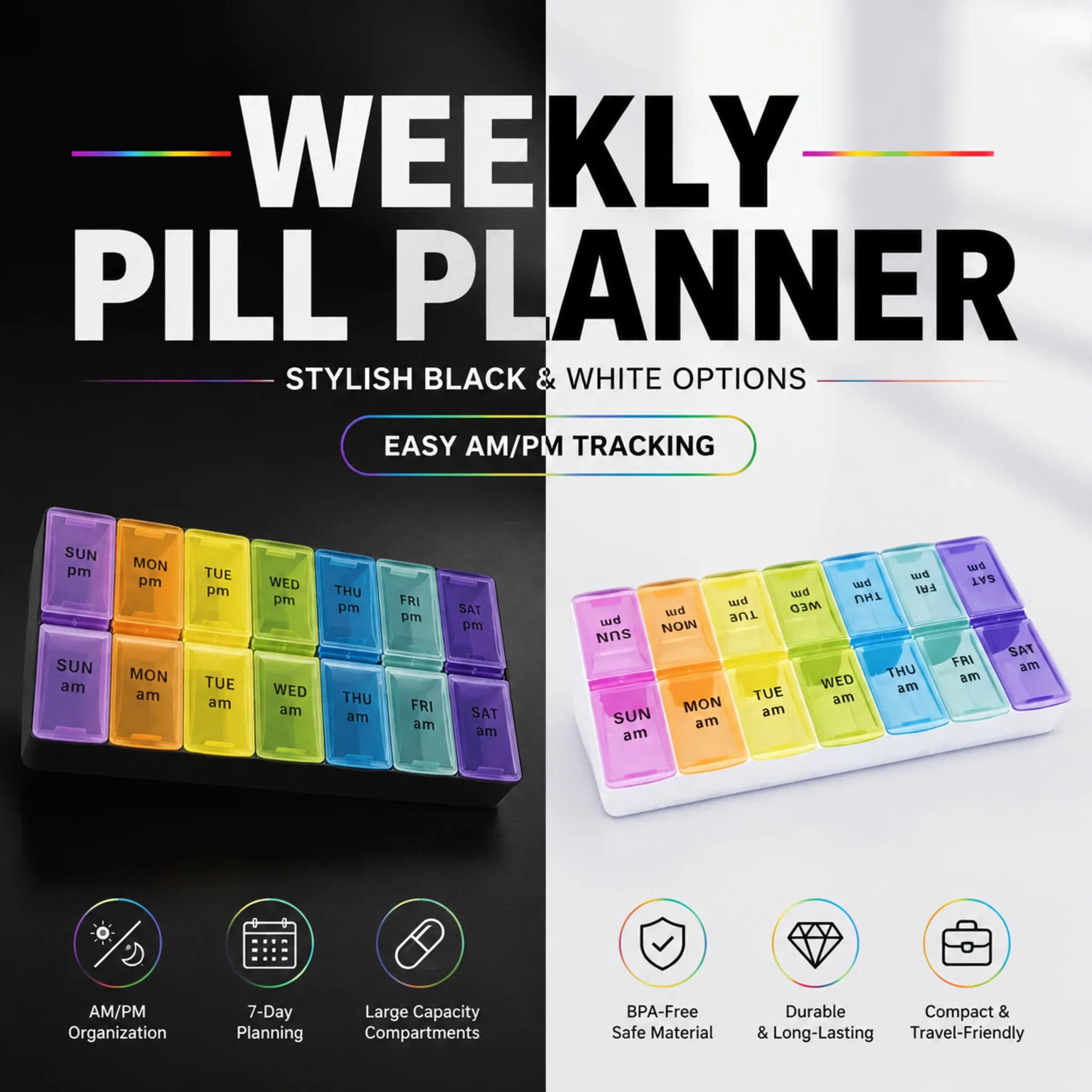 7 Days 14 Grids Weekly Pill Box Portable Travel Medicine Organizer Storage Case for Tablets Vitamin Fish Oil Pills Container