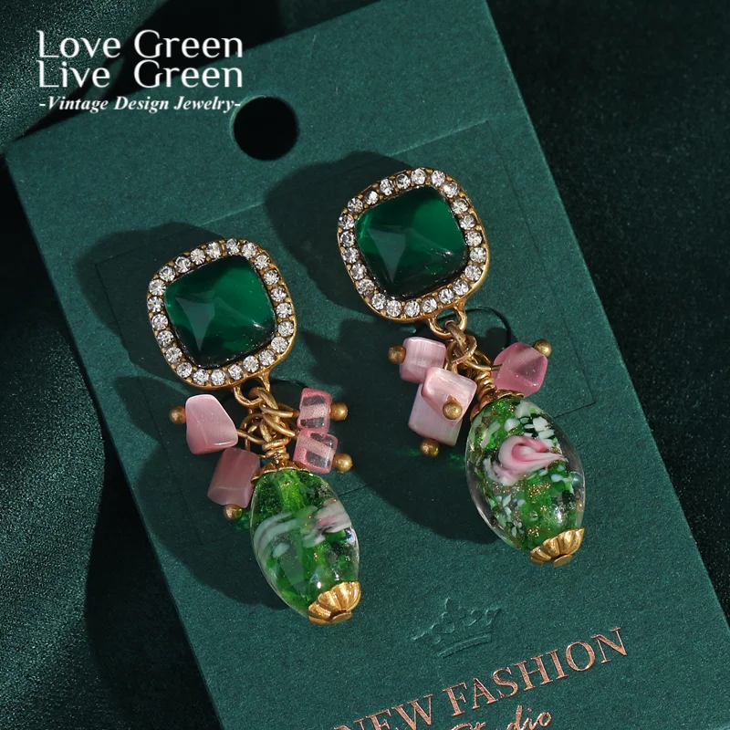 

Vintage Green Square Glaze Drop Earrings Nature Stone Pink Bowknot Fashion Luxury Jewelry Quality Designer Trendy 2025 Unique