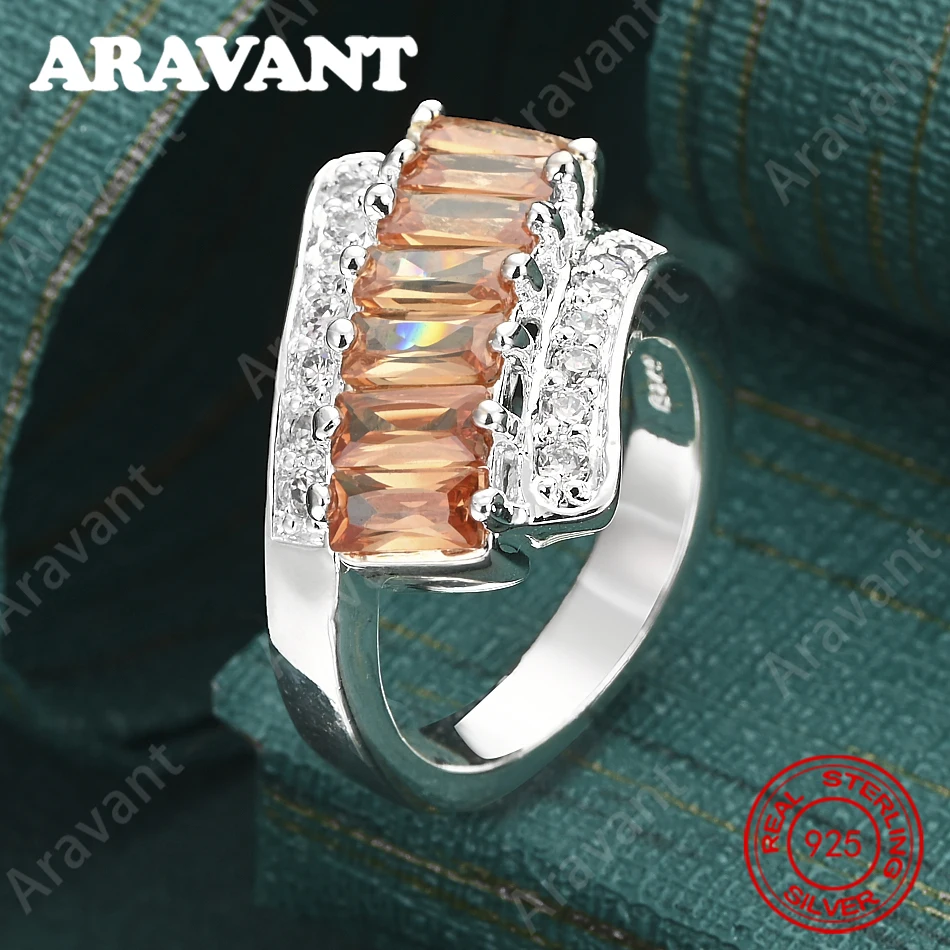 925 Sterling Silver Square Orange Zircon Ring - Everyday Accessory For Women, Simple And Elegant Jewelry