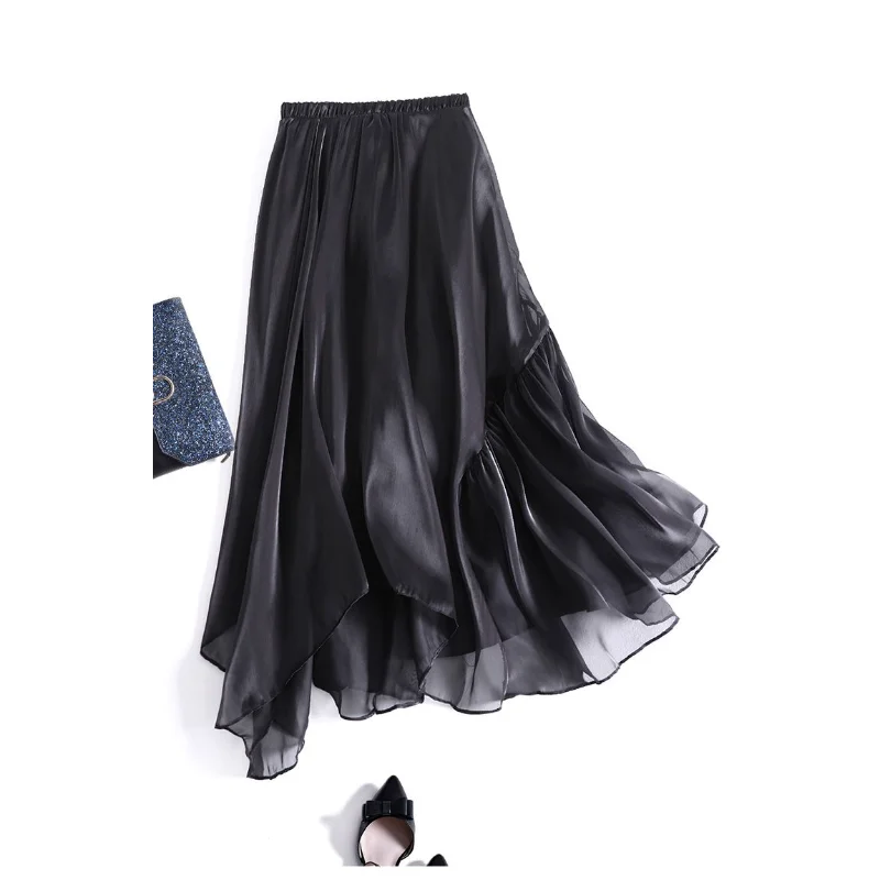Women's Beige Chiffon Maxi Skirt Ruffled Loose Casual Long Skirt