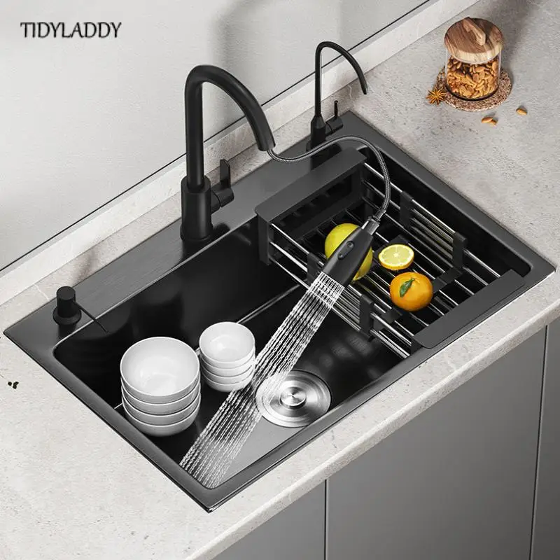 Matte Square Kitchen Sink Nano Stainless Steel Kitchen Accessories High-Quality Large Single Slot Wash Basin Kitchen Faucets