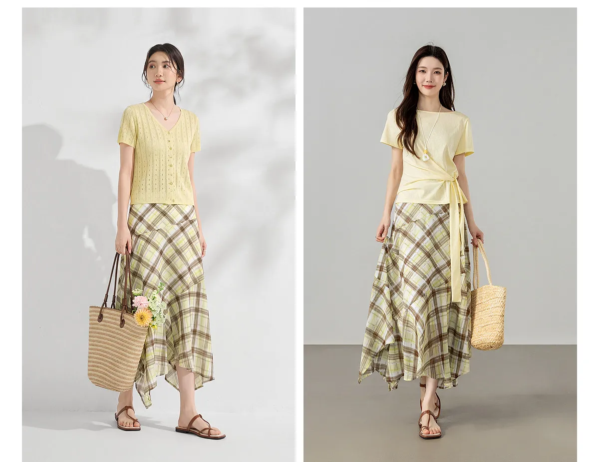 SENTUBILA Damen Sommer Karierter Rock 2026 Neuer Unregelmäßiger Gelber Langer Meerjungfrauenrock Damenkleidung Alltagsoutfit 162QK7007 – Detail 9