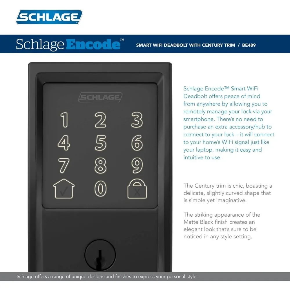 Encode Smart Wi-Fi Deadbolt Dengan Century Trim dalam Matte hitam