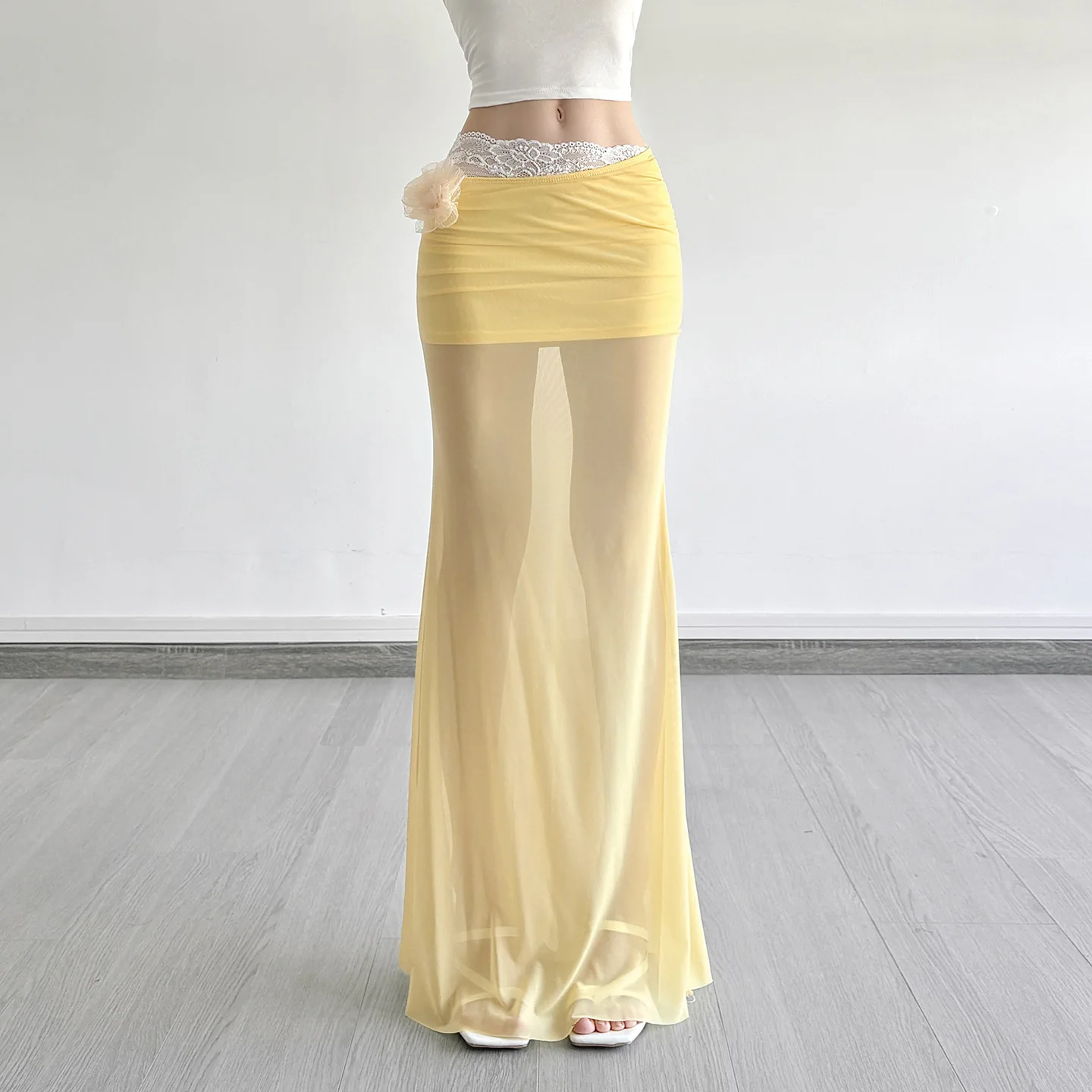 Resort Lace Mesh Bodycon Skirt Floral Applique Tulle Midi Skirt Lace Trim Ruffle Pencil Skirt High Waist Slim Elegant Skirts