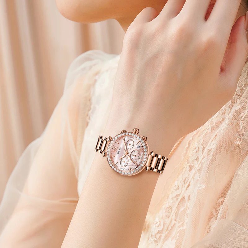Deesio Luxury Diamond Quartz Watches for Woman Fashion Elegant Calendar Waterproof Wristwatches Accessories Ladies Hand Clock