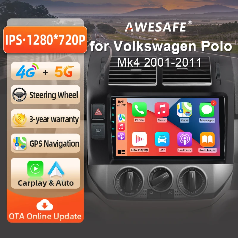 AWESAFE Radio Android de 9 pulgadas para VW Volkswagen Polo Mk4 IV 2001-2009, CarPlay inalámbrico y Android Auto, navegación GPS, soporte multimedia, control del volante, amplificador de subwoofer, cámara trasera, Plug and Play, DAB+, autorradio digital, radio de coche 2 DIN, estéreo RDS BT 1