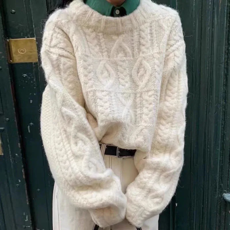 

Knitted Sweater Women Pullovers New Long Sleeve O-Neck White Knit Sweater Pullover Women Tops Knitwears Sueters De Mujer Q1509