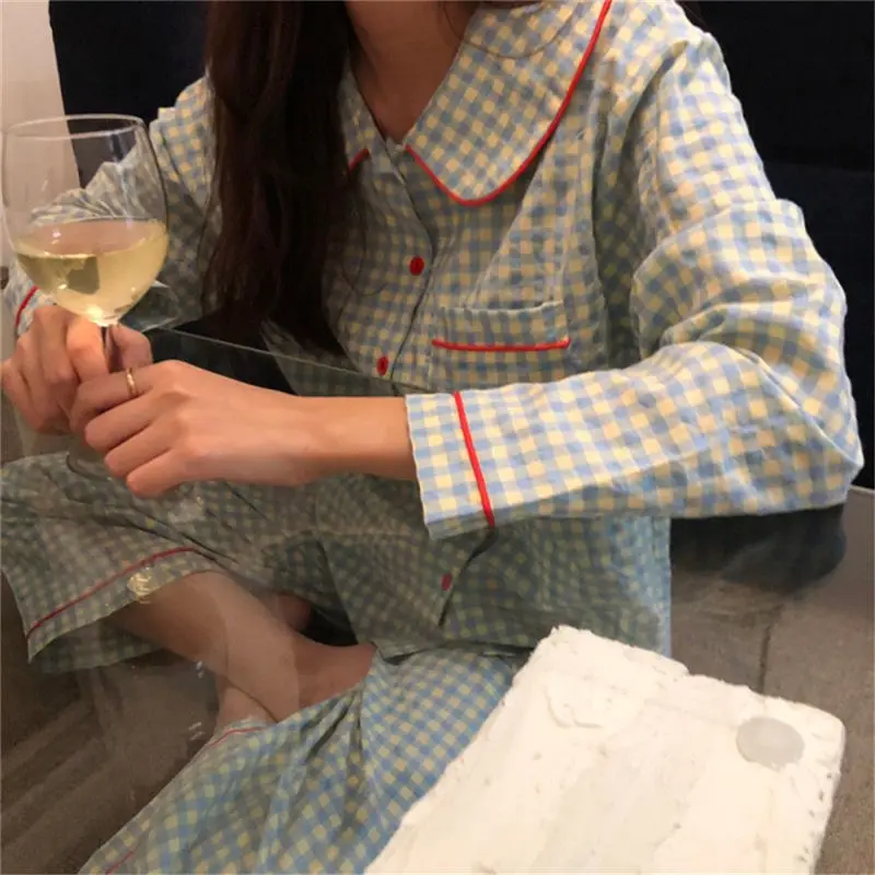 Plaid Sleepwear Women Pajama Sets Korean Piiama Pocket Night Wears Autumn Pants Sets 2 Pieces Button Long Sleeve Home Suit New