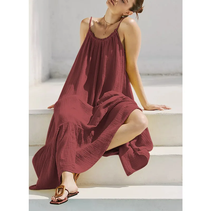 Elagant-Robe Bobo de Plage pour Femme, Vêtements Décontractés, 100% Coton, Rétro, Maxi, Ligne A, Été, Voyage