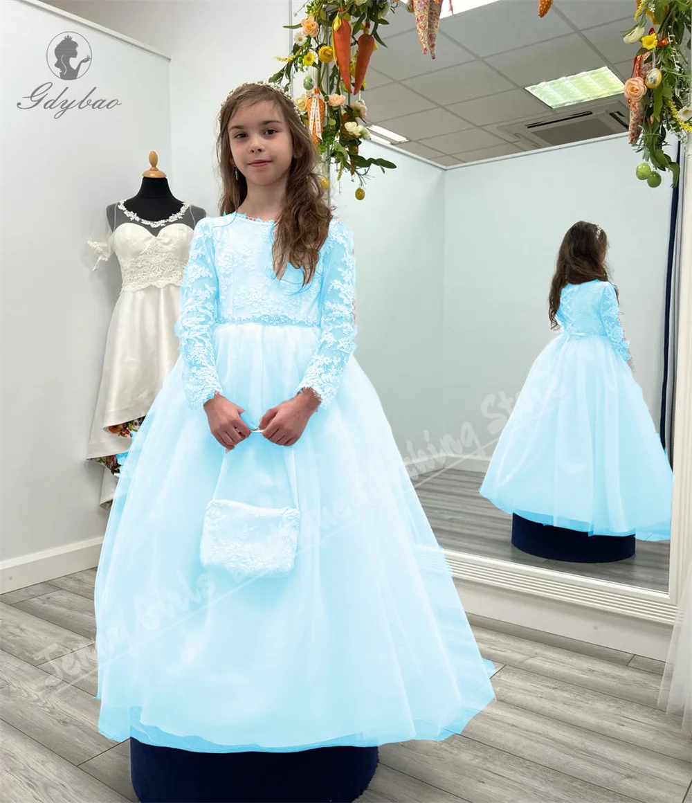 Abito da ragazza di fiore bianco carino a maniche lunghe in pizzo con cintura in rilievo girocollo per abito da cena per festa di compleanno per bambini