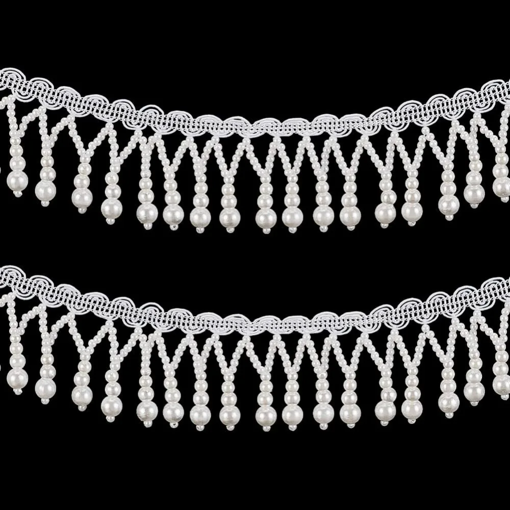 2 Yards Pearl Tassle Beaded Trim Pearl Beaded Trim 2 Inch Wide White Lace Ribbon Applique Fringe for Wedding Bridal