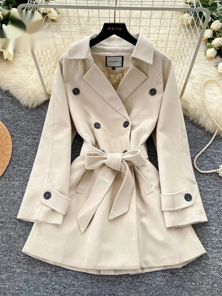 French Corduroy Elegant Windcheater Autumn WinterCotton-Padded Lapel Sashes Coat Female Warm Chic Commuting Outerwear