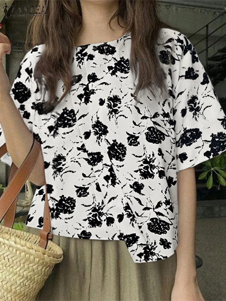 بلوزات الموضة ZANZEA بلوزات غير متناظرة المرأة قصيرة الأكمام الصيف البوهيمي قمصان مطبوعة 2025 بلوزات فضفاضة غير رسمية Femininas