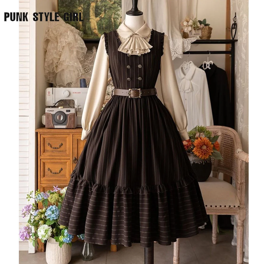 فستان لوليتا عتيق أنيق JSK بدون أكمام لوليتا حلو متوسط الطول مزدوج الصدر مخطط مطبوع فساتين حفلات مكشكشة مرقعة