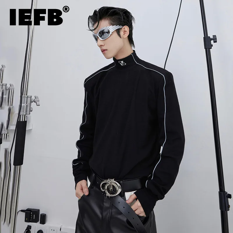 IEFB Trendy Men's T-shirts Reflective Stripe Long Sleeve Stand Collar Plush Bottom Tops Metal Niche Chic Solid Color 9C3258