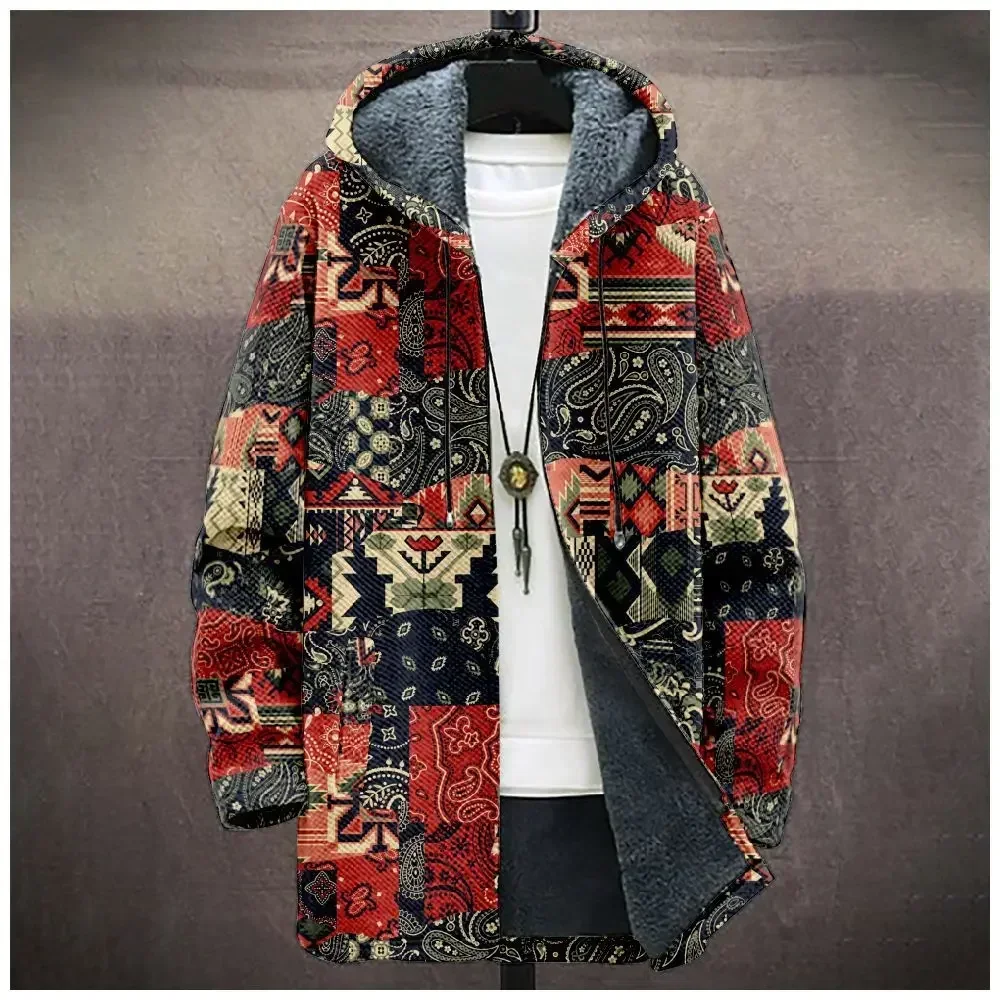 Men Cardigans Coats Ethnic Pattern Abstract Art Graphics Printed Trench Plush Thick Winter Casual Streetwear Unisex Clothing