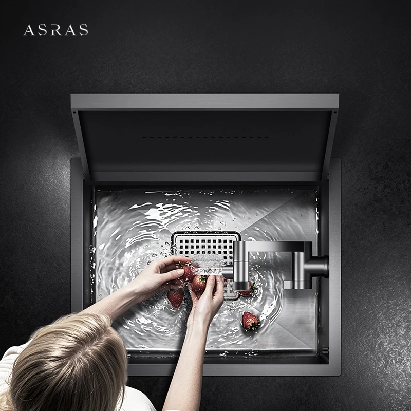 ASRAS New Nanometer Bar Island Kitchen Sink SUS 304 Stainless Steel Flip Cover 4mm Thickness Handmade Sinks With Folding Faucet