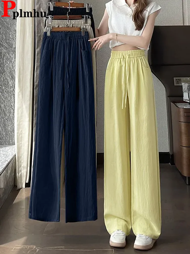 

Linen Summer Thin Loose Straight Pants Women Casual Elastic High Waist Wide Leg Pantalones Korean Fashion Classic Solid Spodnie