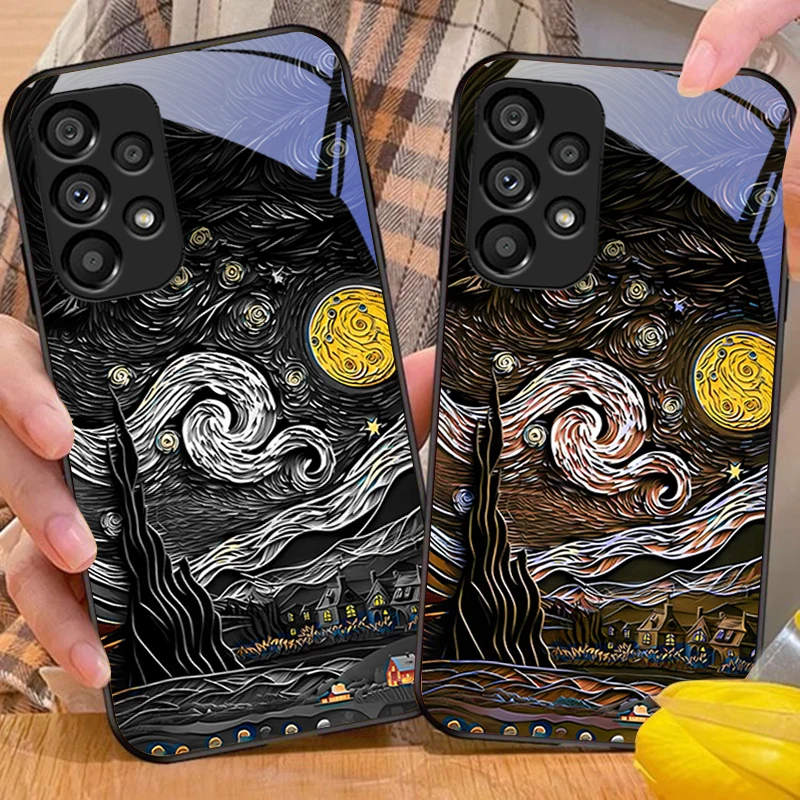 

Retro Oil Painting For Samsung Galaxy S 8 9 10 20 Plus 21 FE 22 23 24 Ultra S7 Edge Black Tempered Glass Phone Case Hard Shell