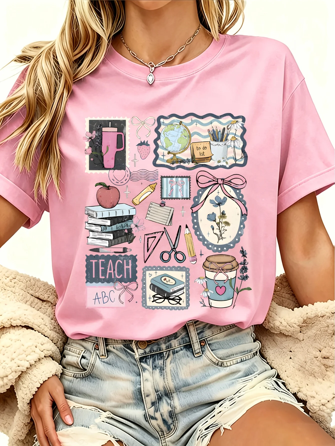 Women'S Short Sleeve T-Shirt Teacher Life Collage Print Women'S Trendy Print Shirt for Spring and Summer Cute Campus Pattern Tee