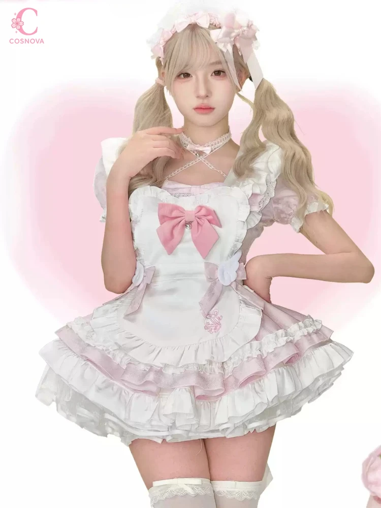 

Japanese Sweet Kawaii Lolita Dresse Women Cute Bow Apron Dress Set Summer Fashion Princess Chic Party Dresses Anime Cosplay
