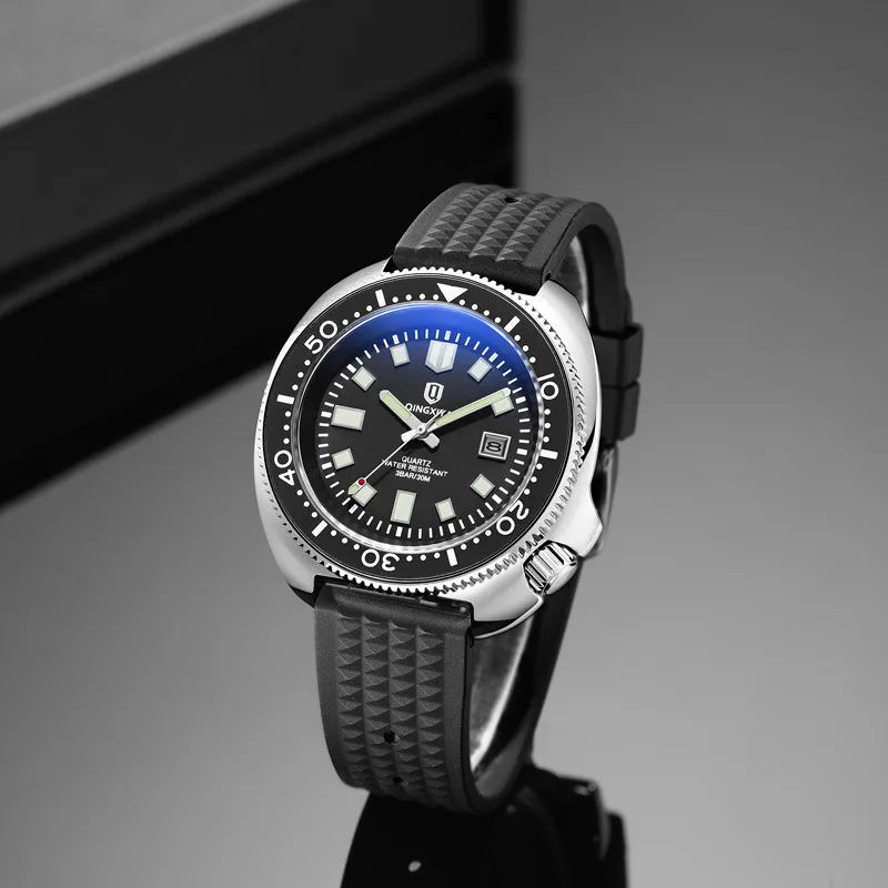 Hot Selling Black Design Quartz Watch Men Classic Rubber Strap Luminous Hands Steel Business Large AAA Male Watch Clcok Reloj