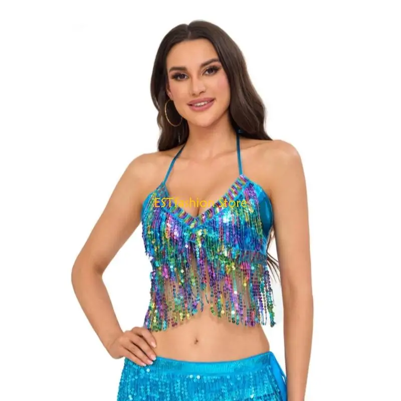 Y5GC Belly Dance Costume Belly Dance Glitter Bra with Chest Pad for Halloween Stage