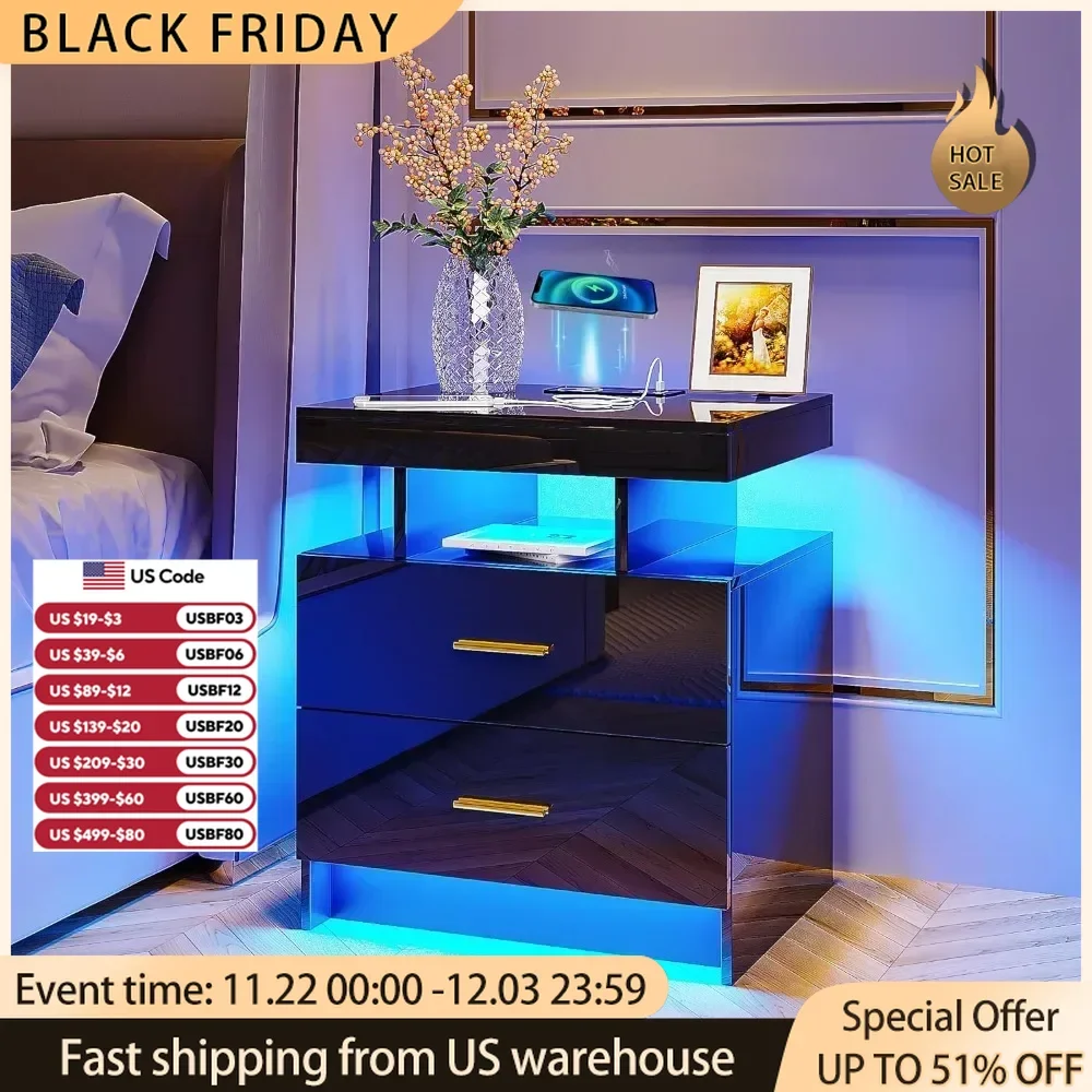 

Nightstands LED Nightstand With Wireless Charging Station and USB Port With 2 Drawers Bedside Tables for the Bedroom Mini Table