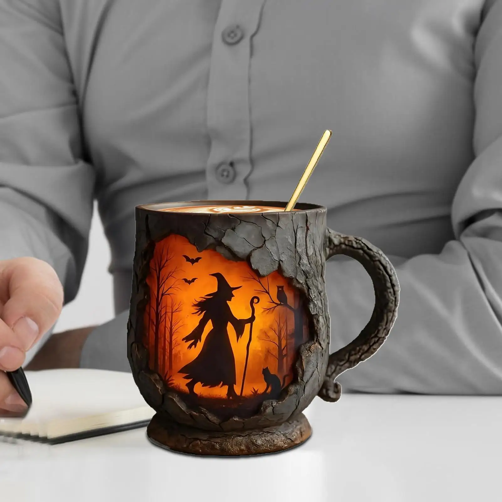 Funny Mug 386ml Witch Mug Witch With Fire Pattern 3D Tree Bark Texture Ergonomic Handle Cup For Friends Coworker Teacher